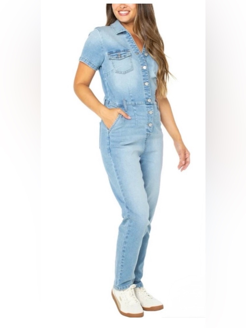 Celebrity Pink Light Blue Short-Sleeve Denim Jumpsuit with stretch